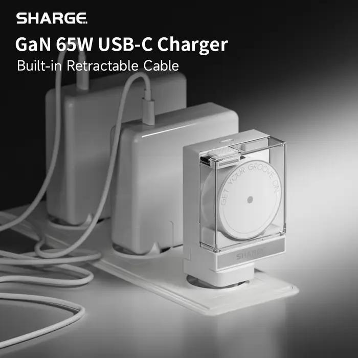 Chargeur GaN SHARGE 65W PD3.0 Type C QC3.0 2.0 Charge rapide Câble USB-C intégré de 70 cm pour iPhone16 MacBook iPad Pro