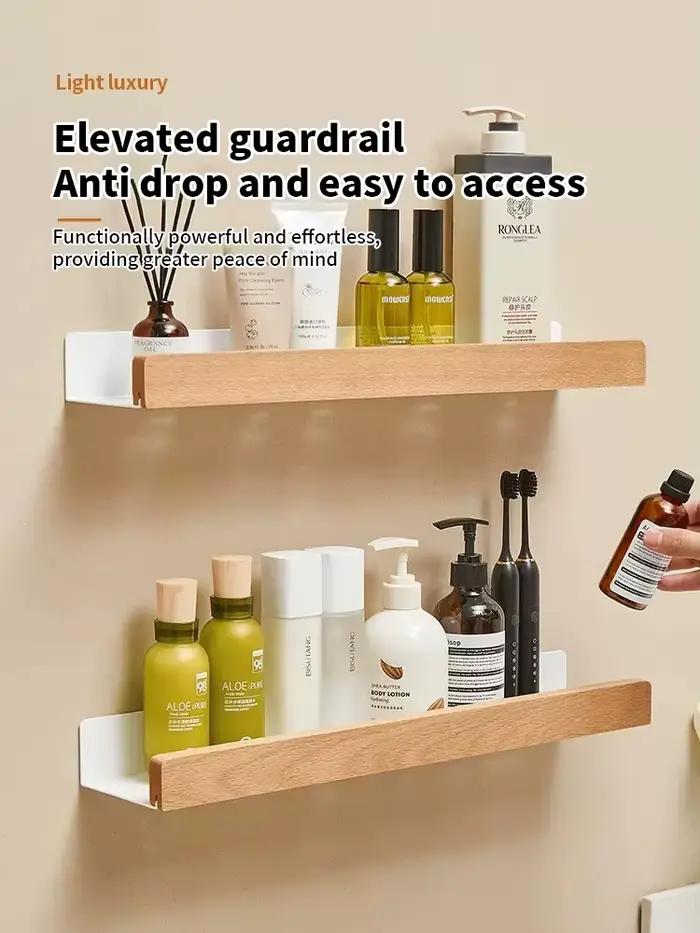 Étagère murale en bois pour salle de bain, supports de rangement de cuisine sans perçage, accessoires de cuisine et de salle de bain imperméables et résistants à l'humidité