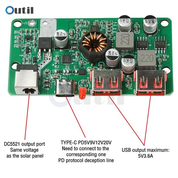 Régulateur de tension solaire PD 100W avec charge rapide USB double type C pour projets de panneaux solaires DIY