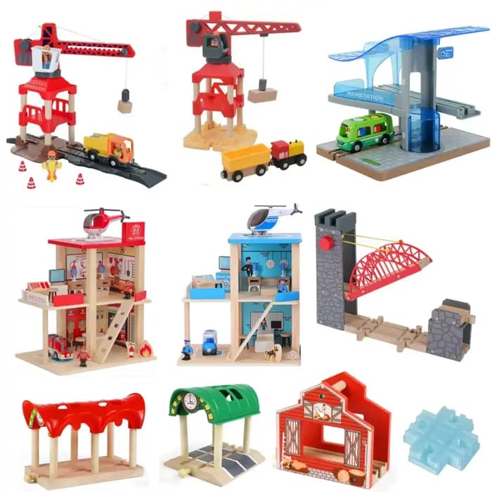 Accessoires de voie de Train tour, scène de jeu, Station de décoration, Tunnel de pont, jouet de piste de construction surélevé pour Train en bois
