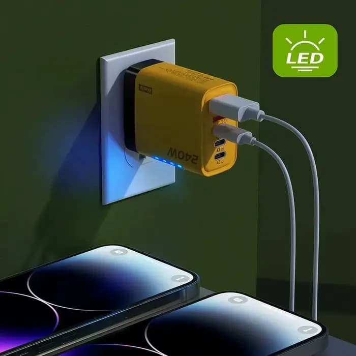 Chargeur rapide 240W GaN avec lumière LED 5 en 1, 2 USB + 3 Type-C, chargeur multi-ports pour iPhone 15-17 Series, Samsung, Huawei, Xiaomi 15