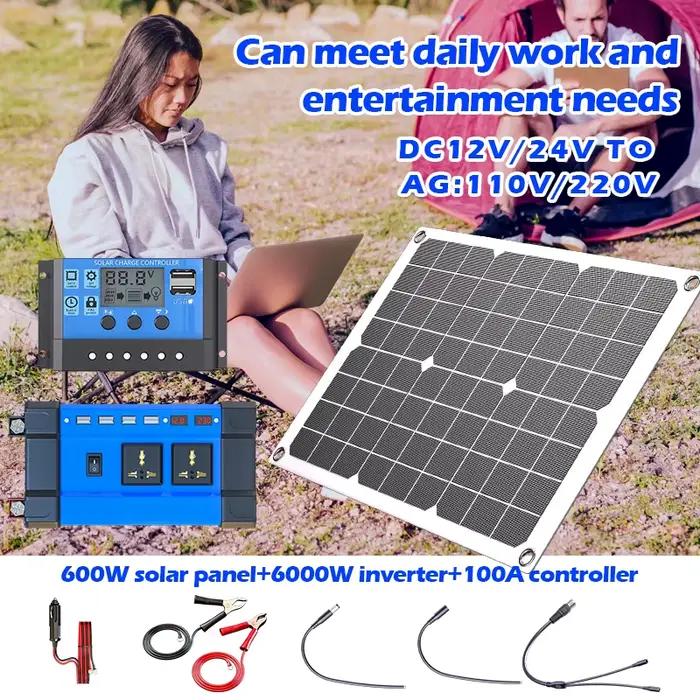 Kit de générateur solaire double 6000 W – Panneaux pliables 2x600 W + 100 A MPPT et onduleur sinusoïdal pur (110 V/220 V)
