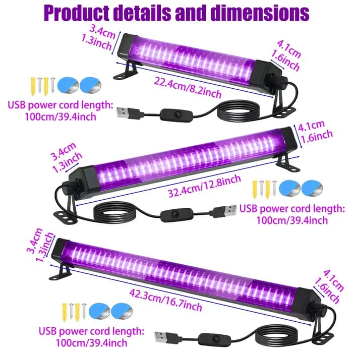 Tube lumineux noir LED 40/60/80 - avec interrupteur, rotation à 360 degrés, lampe UV pour fête lumineuse, art corporel, Halloween, vacances de Noël