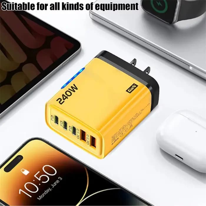 Chargeur rapide 240W GaN avec lumière LED 5 en 1, 2 USB + 3 Type-C, chargeur multi-ports pour iPhone 15-17 Series, Samsung, Huawei, Xiaomi 15