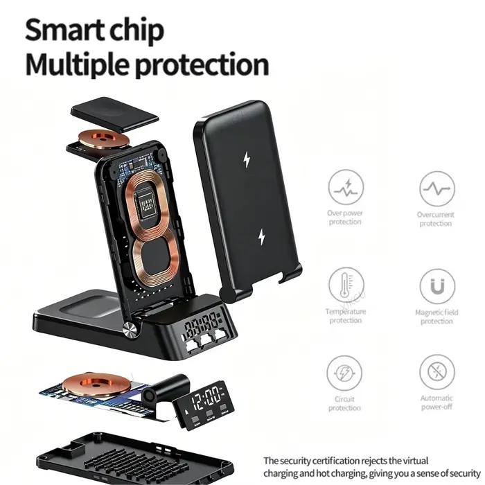 Station de charge rapide 4-en-1 pliable avec réveil et support de téléphone pour iPhone 17~12