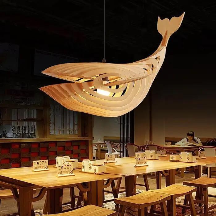 Grande lampe à suspension en forme de poisson en bois E27 suspension en forme de baleine en bois pour chambre d'enfants barre de Sushi japonaise conception de lustre Unique