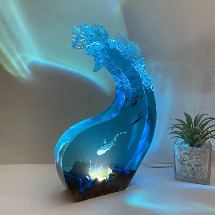 Lampe d'ambiance LED en résine et bois, motif requin baleine et vague océanique, veilleuse décorative, cadeau de Noël