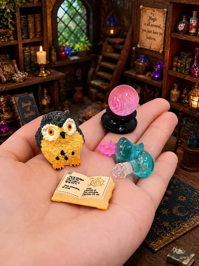 Mini kit de divination magique avec boule de cristal, hibou, flacon de potion, livre de sorts et accessoires de scène d'étude de sorcier pour maison de poupée