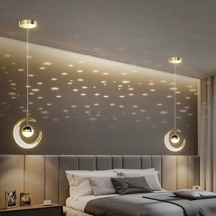 Plafonnier LED créatif avec étoiles de lune plafonniers Asile modernes or/noir atmosphère plafond suspension lampe Loft éclairage