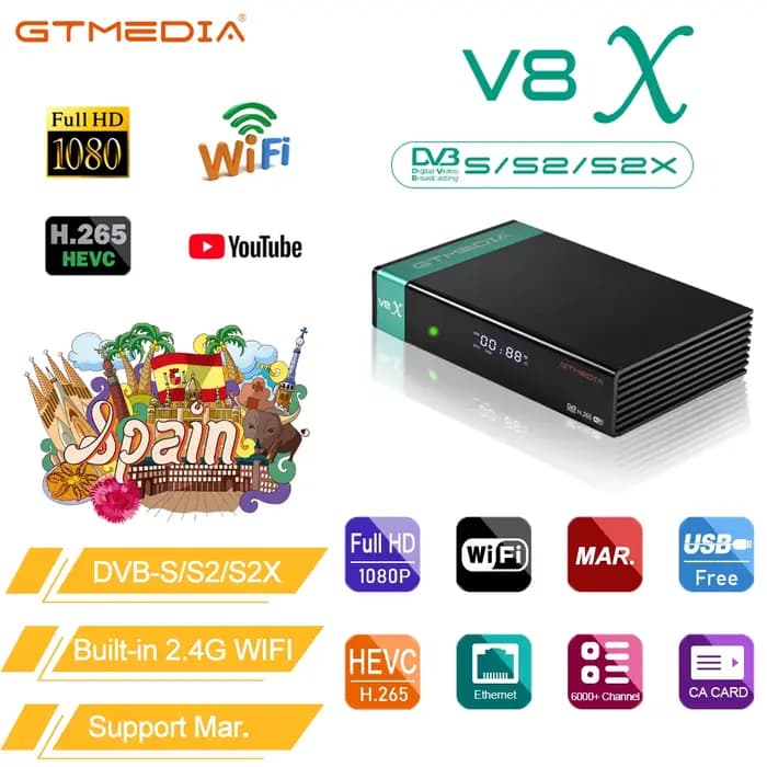 Récepteur satellite GTMEDIA V8X Mars DVB-S/S2/S2X 1080P HD avec Wi-Fi 2.4G intégré, prise en charge H.265, compatible avec les récepteurs TV Gtplayer V8X2