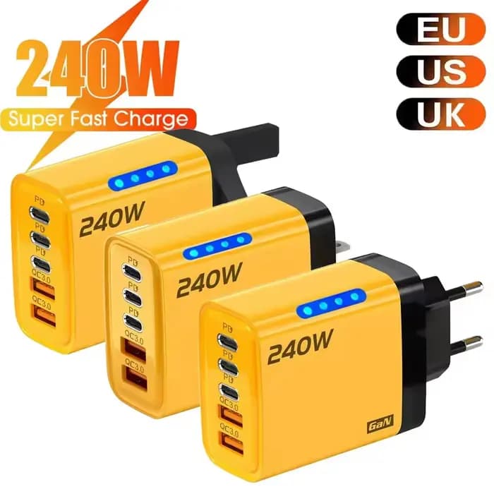 Chargeur rapide 240W GaN avec lumière LED 5 en 1, 2 USB + 3 Type-C, chargeur multi-ports pour iPhone 15-17 Series, Samsung, Huawei, Xiaomi 15