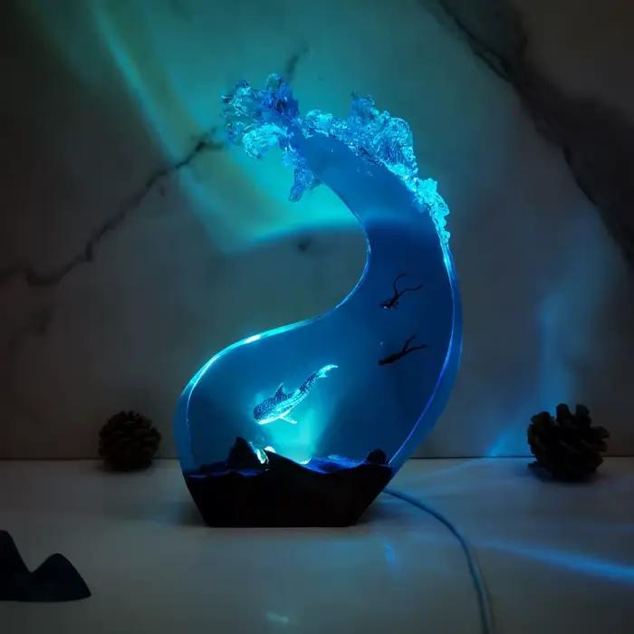 Lampe d'ambiance LED en résine et bois, motif requin baleine et vague océanique, veilleuse décorative, cadeau de Noël