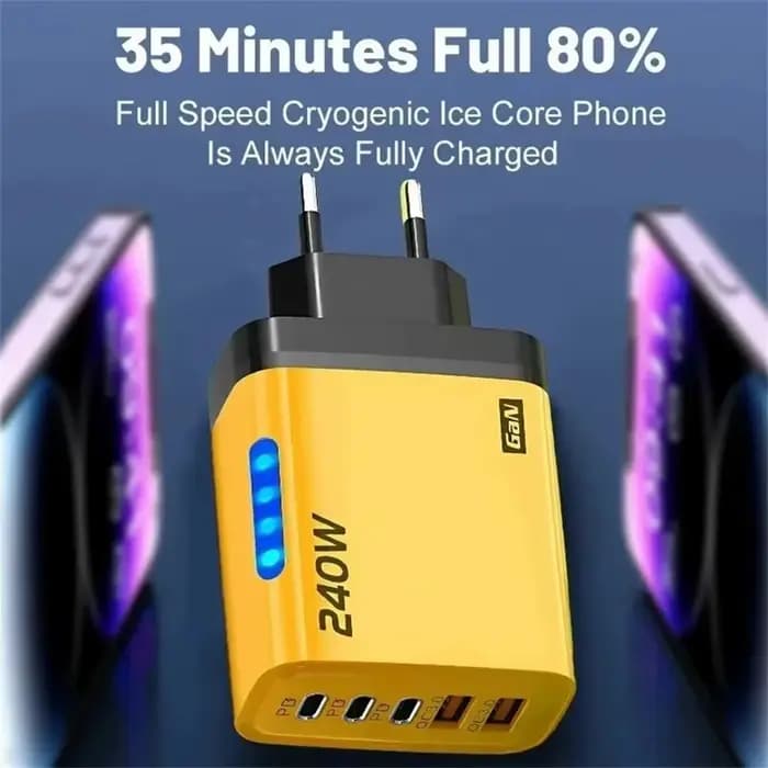 Chargeur rapide 240W GaN avec lumière LED 5 en 1, 2 USB + 3 Type-C, chargeur multi-ports pour iPhone 15-17 Series, Samsung, Huawei, Xiaomi 15