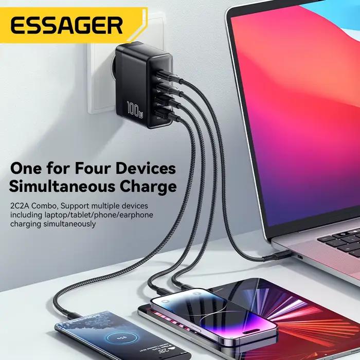 Essager 100W US/KR prise USB Type C GaN chargeur pour ordinateur portable Macbook PD Charge rapide pour iPhone 16 15