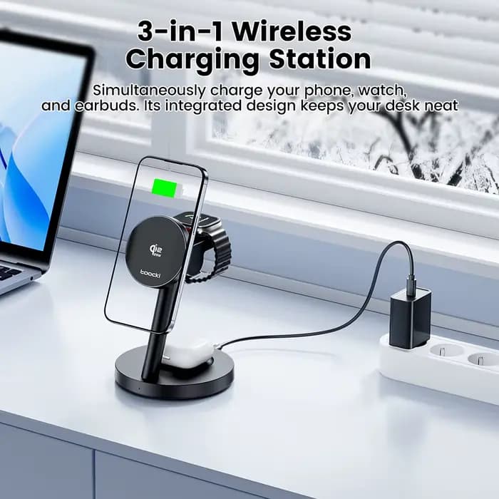 Chargeur sans fil magnétique Toocki Qi2.2 25W à charge rapide 3-en-1 pour iPhone 15 16 17, Apple Watch et écouteurs