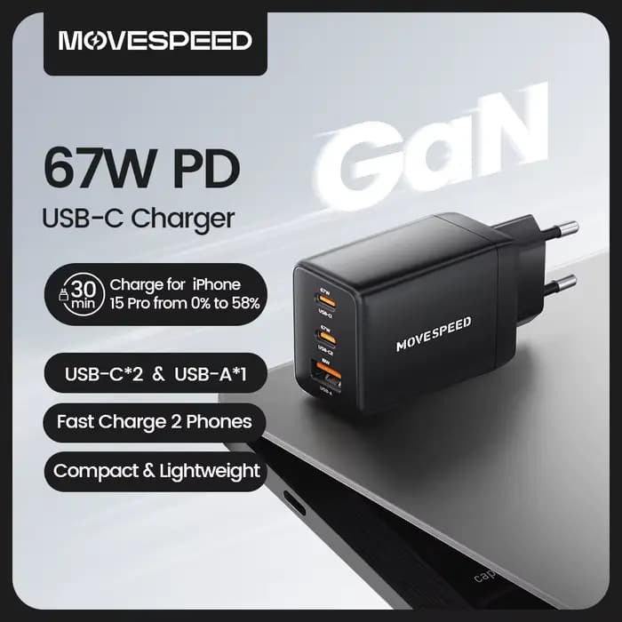 MOVESPEED 67W USB-C chargeur charge rapide 65W PD Type C PPS GaN chargeur adaptateur pour iPhone 16 Pro MacBook Air Samsung S24 Huawei