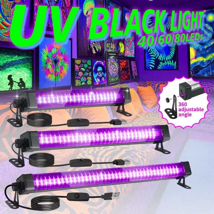 Tube lumineux noir LED 40/60/80 - avec interrupteur, rotation à 360 degrés, lampe UV pour fête lumineuse, art corporel, Halloween, vacances de Noël