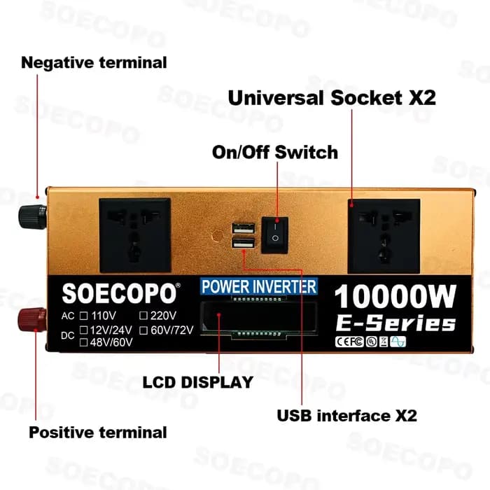 Convertisseur de puissance 10000W 12V24V/48V/60V/60V72V 220V pour réfrigérateur/lave-linge avec 2 prises AC pour système solaire, ateliers