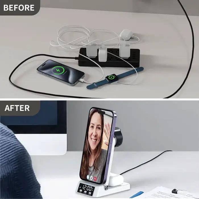 Station de charge rapide 4-en-1 pliable avec réveil et support de téléphone pour iPhone 17~12