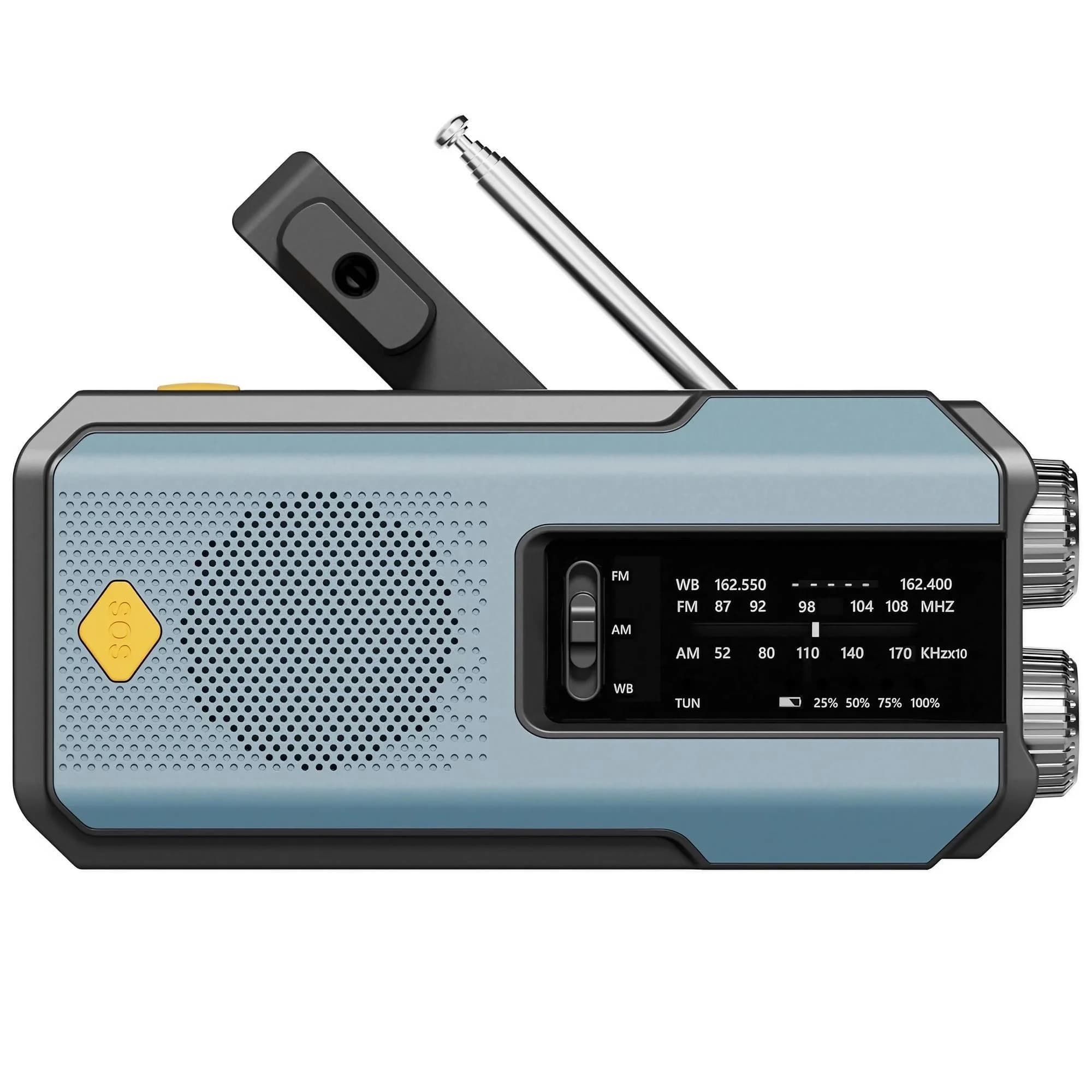 Radio météo d'urgence multifonctionnelle, FM AM WB, manivelle, charge USB solaire, batterie externe 