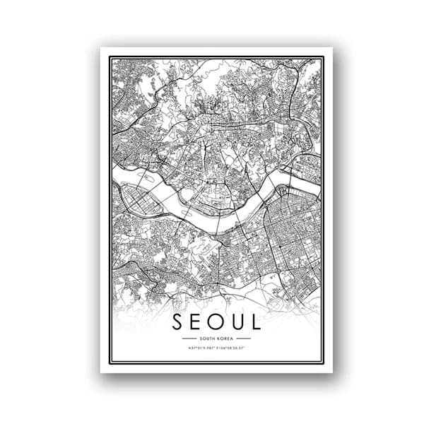 Affiche de voyage en noir et blanc avec coordonnées de la ville de corée, affiche d'art mural modern