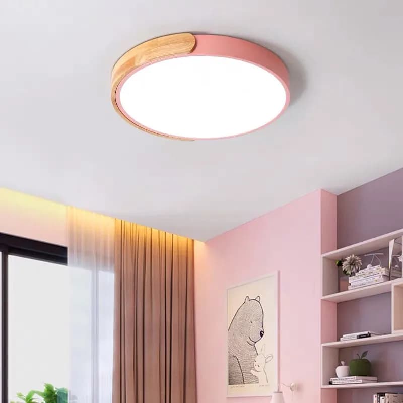 Plafonnier LED Rond en Bois pour Salon et Chambre à Coucher, Luminaire de Plafond à Intensité Réglab