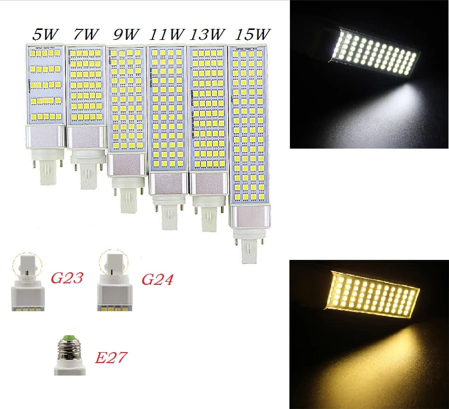 Lampada G23 G24 E27 5W 7W 9W 11W 13W 15W 85V-265V/AC, lampe à prise horizontale SMD5050, ampoule LED