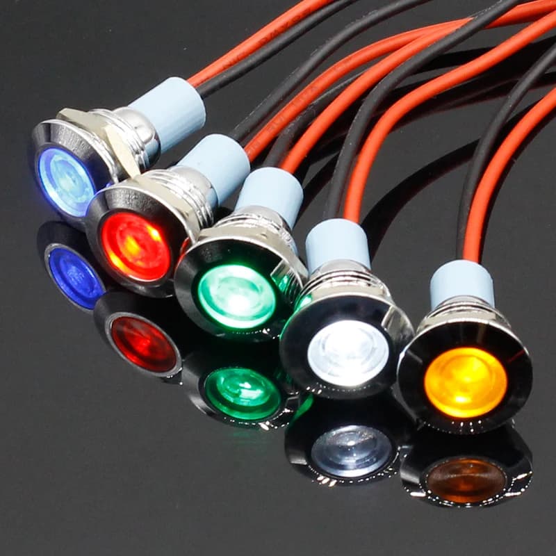1 pièces Signal lumineux 3V 6V 12V 24V 220V 12mm indicateur circulaire plat en métal étanche avec fi