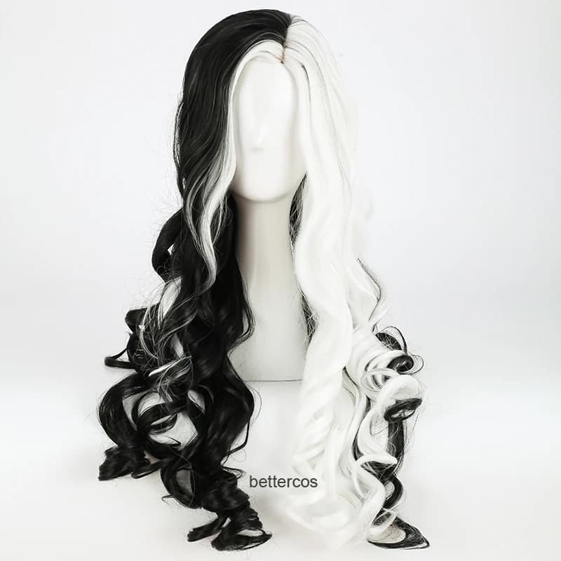 CRUELLA-Perruque Synthétique Bouclée de 75cm avec Bonnet pour Cosplay, Cheveux Moitié Blancs et Noir