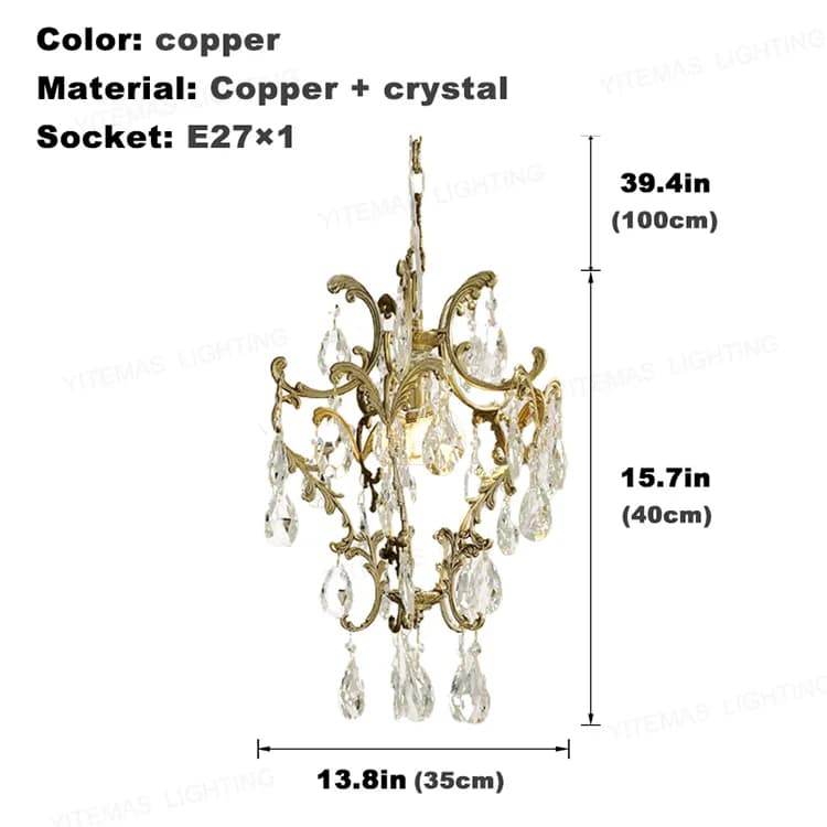 Lampe en cristal de cuivre rétro français, salle à manger de chambre à coucher, lampes anciennes, lu