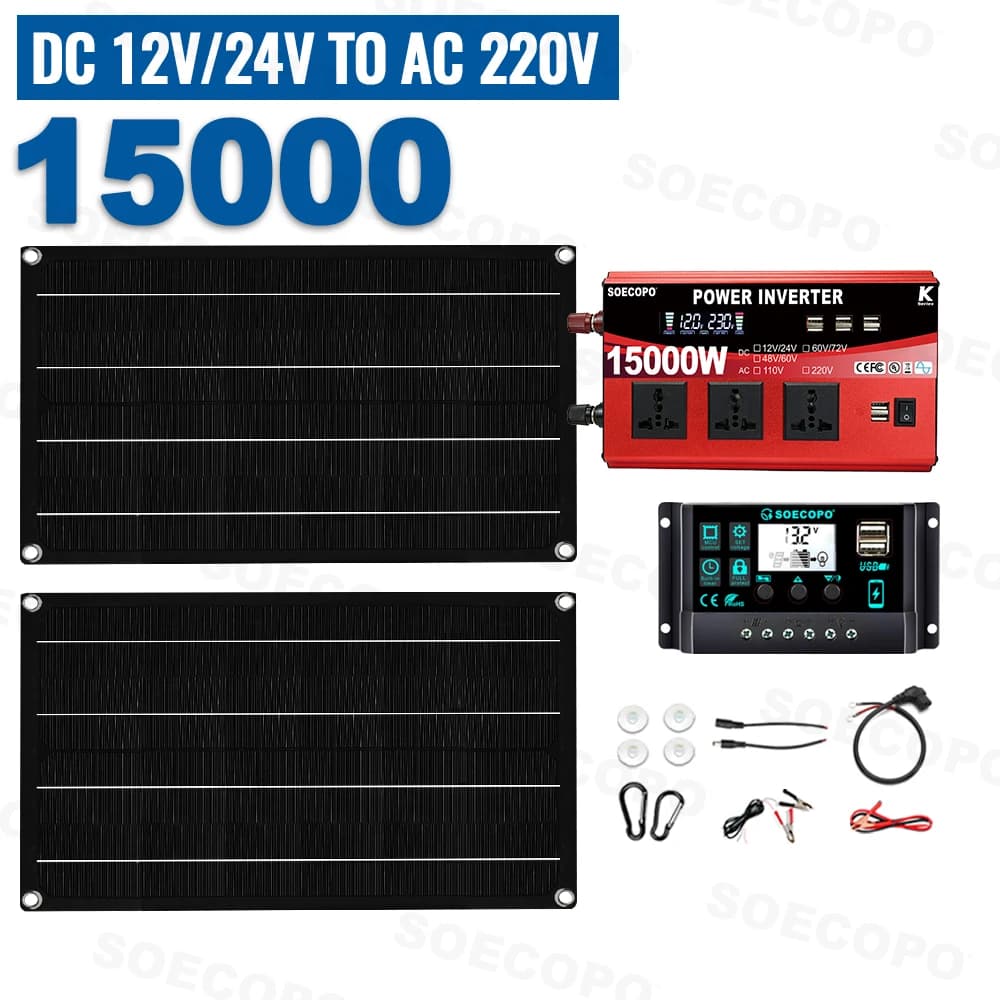 SOECOPO 15000W Kit Portable photovoltaïque complet 2*800W panneaux solaires DC 110V/220V onduleur 10