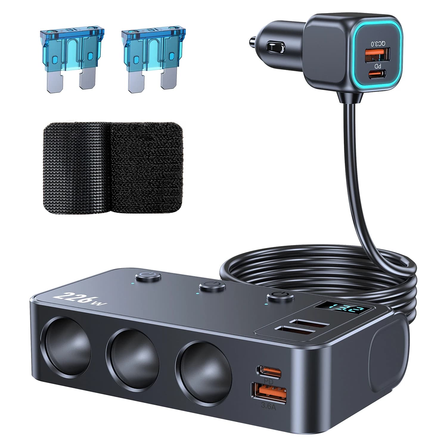 Répartiteur allume-cigare 9 en 1, adaptateur de chargeur de voiture 226W avec Charge PD/QC 3.0, câbl