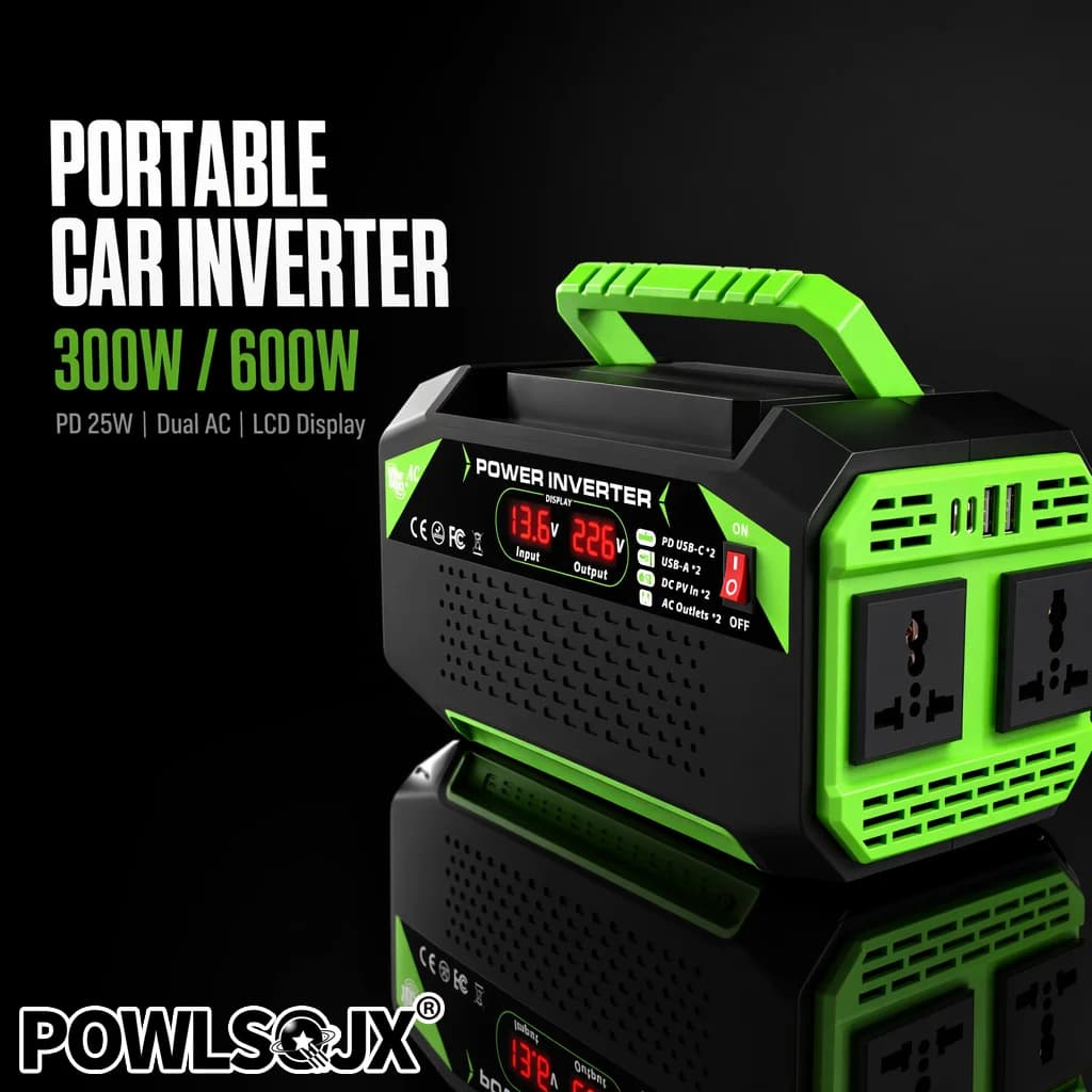 Station d'alimentation portable pour voiture avec onduleur 300W/600W, PD 25W Type-C, double USB, dou
