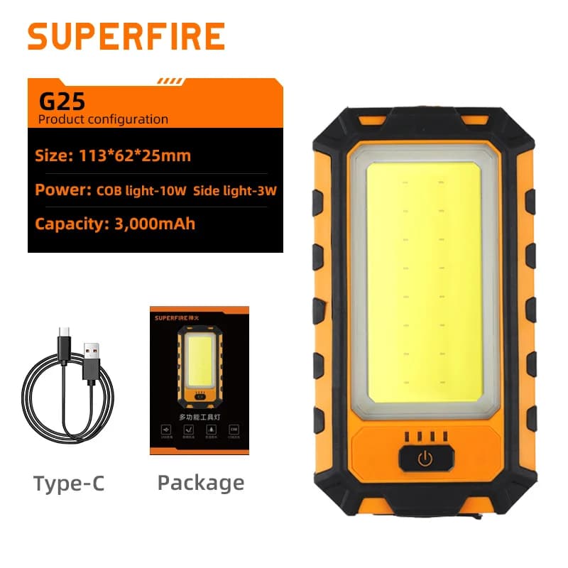 Lampe de travail pliable SUPERFIRE 10W COB Plus, lampe torche portable avec aimant, lampe de réparat