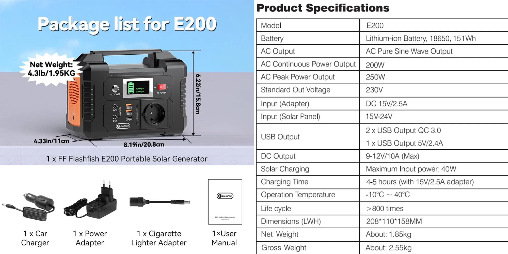 Centrale électrique Portable 200W, 151wh, générateur solaire AC110V 100-240V DC, sortie de grande ca