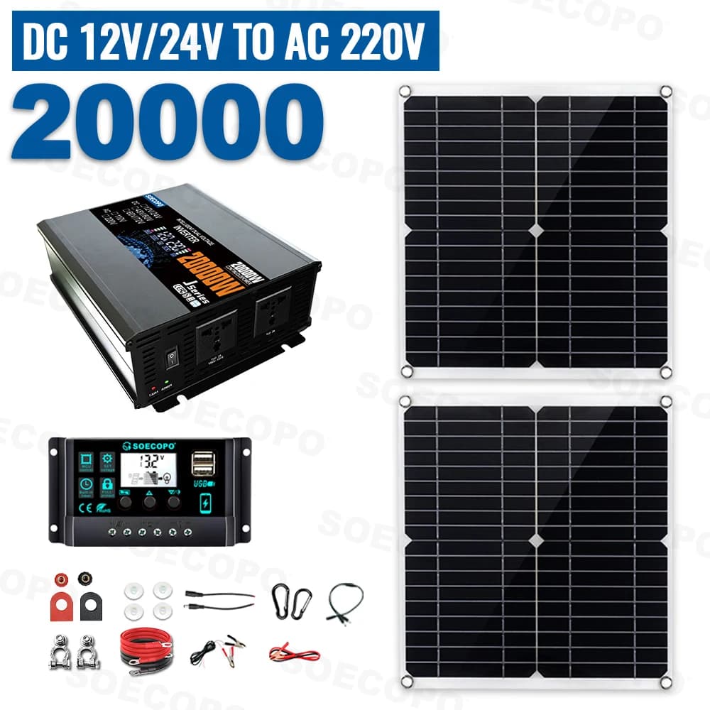 SOECOPO 20000W système solaire Kit complet 2*300W panneau 12V 24V à 220V 110V prise onduleur 100A co