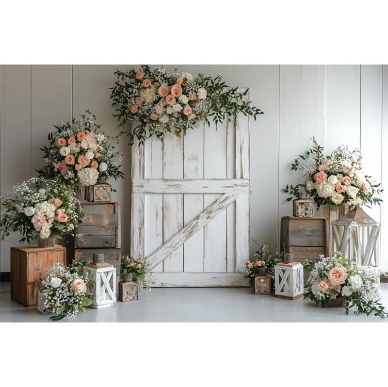 Toile de fond pour photographie de grange, porte en bois blanc, thème occidental, couronne de foin, 