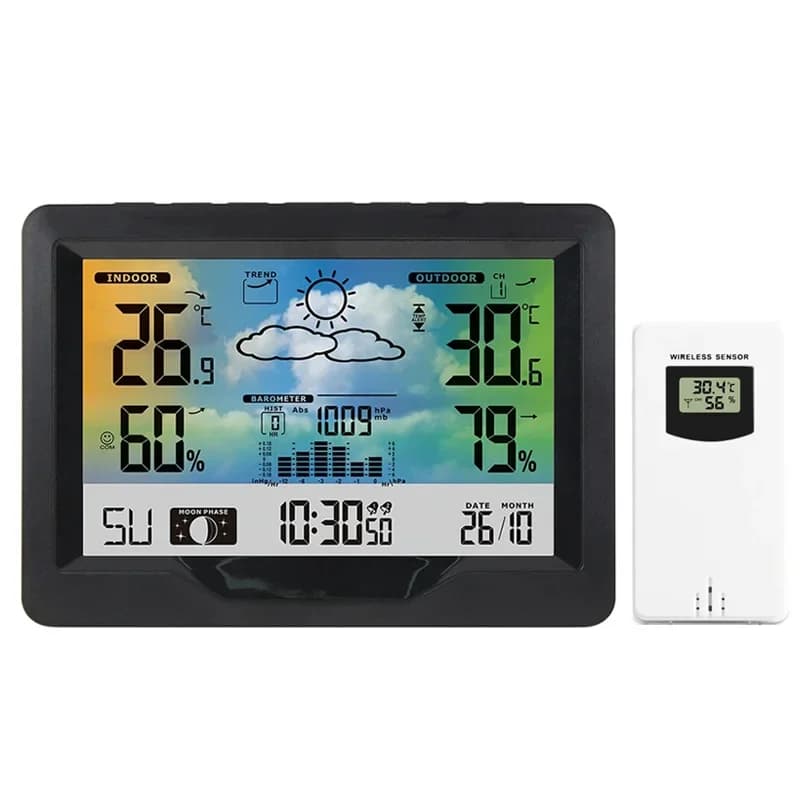 Station météo sans fil avec horloge, prévisions météo intérieures et extérieures, affichage LCD numé
