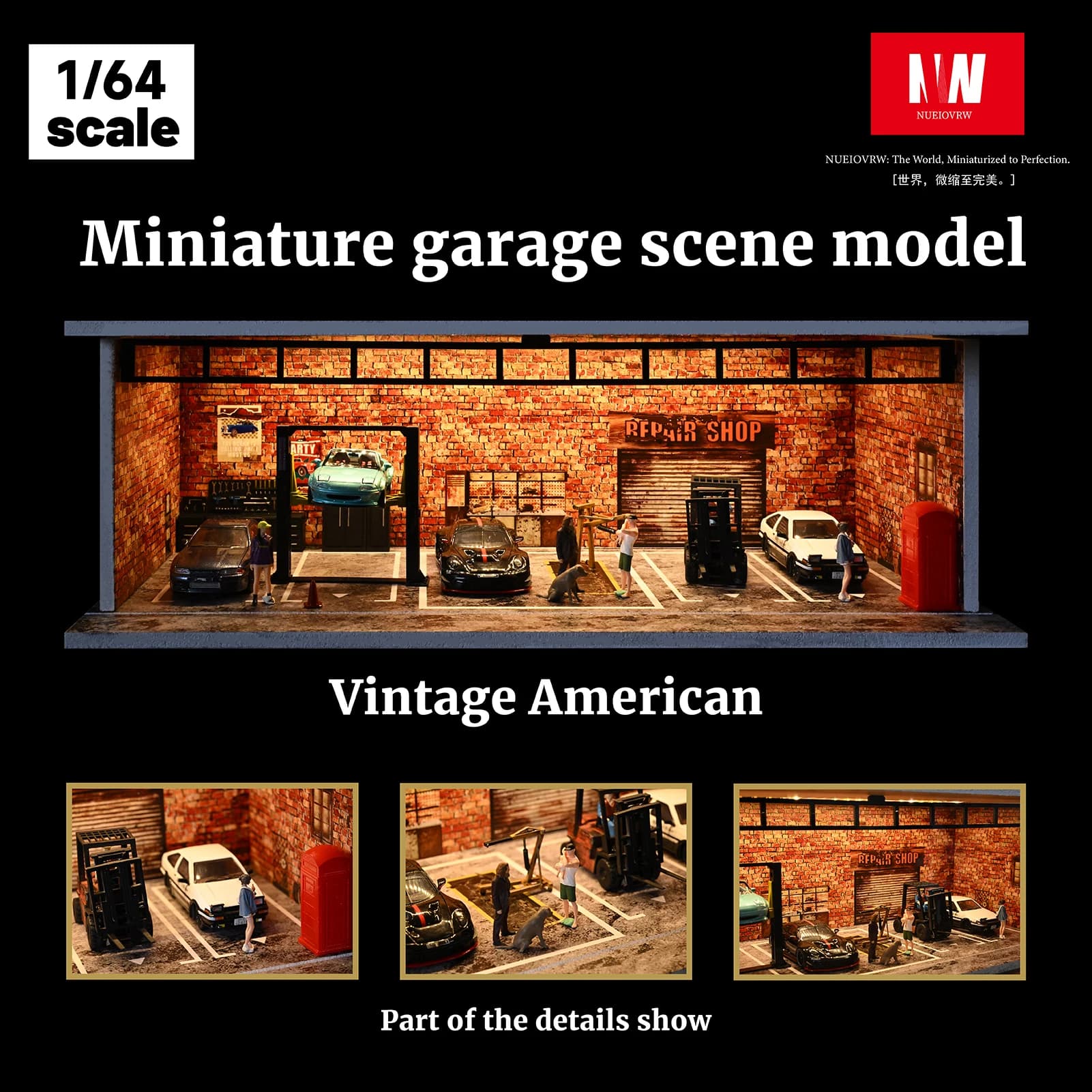 Diorama 1/64 : Modèle de garage avec éclairage LED, scène d'atelier de réparation automobile, présen