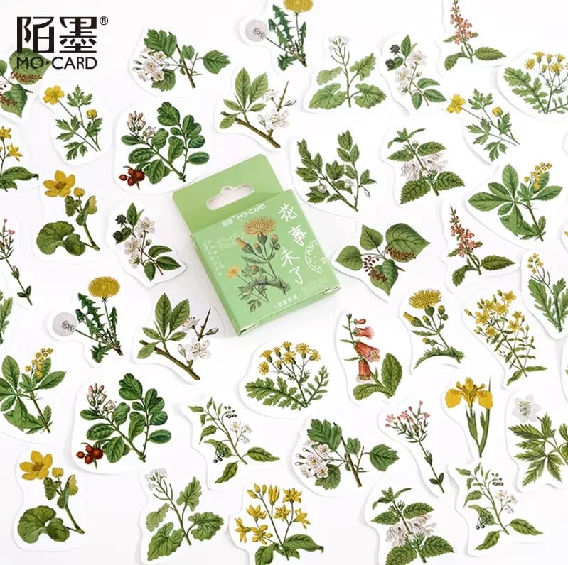 Autocollants décoratifs de plantes et de fleurs vertes, 46 pièces/boîte, pour Scrapbooking, étiquett