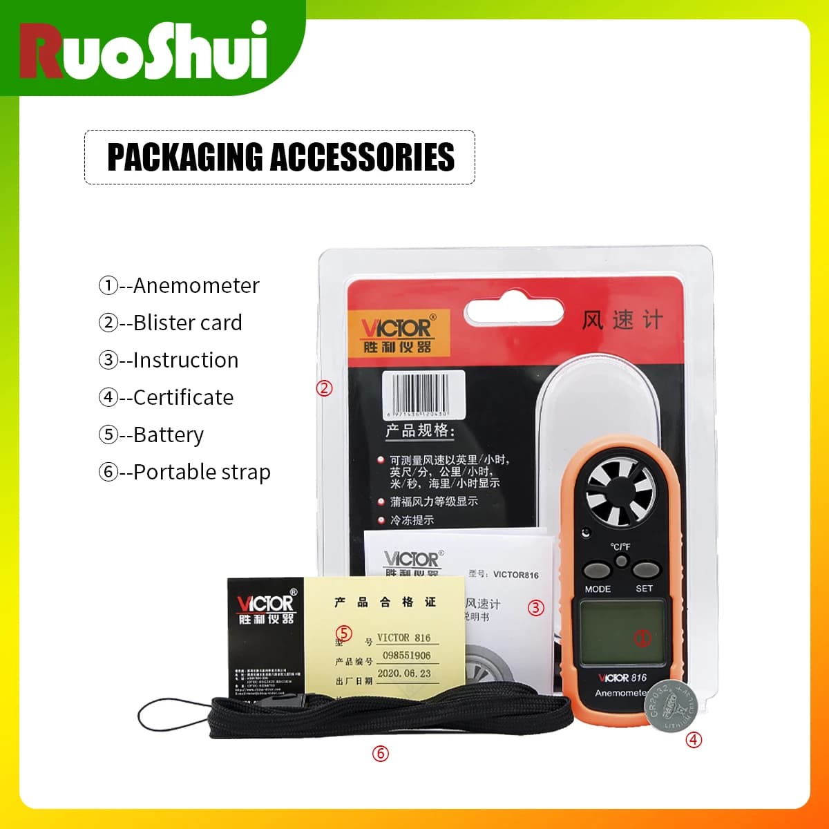 RuoShui 816 anémomètre numérique compteur de débit d'air pour compteur de température de vitesse du 