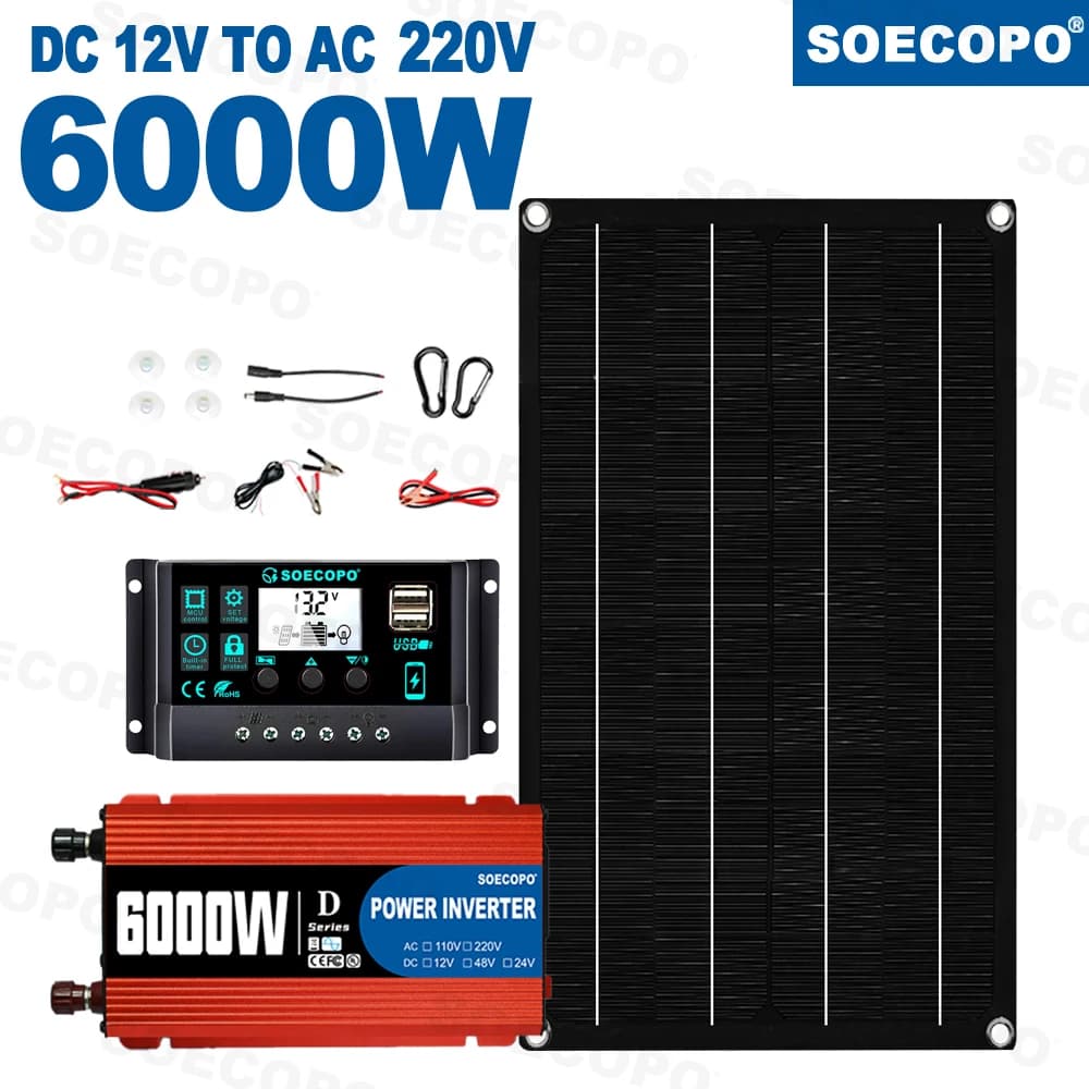 Kit Système Solaire 6000W Peak, Panneau 800W, Onduleur DC12V AC110V/220V, Contrôleur 100A, Complet H