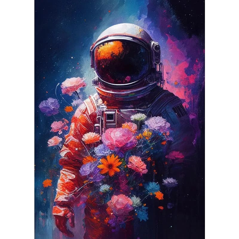 Affiche d'astronaute rétro de science-fiction, astronaute coloré et fleurs, système solaire, planète
