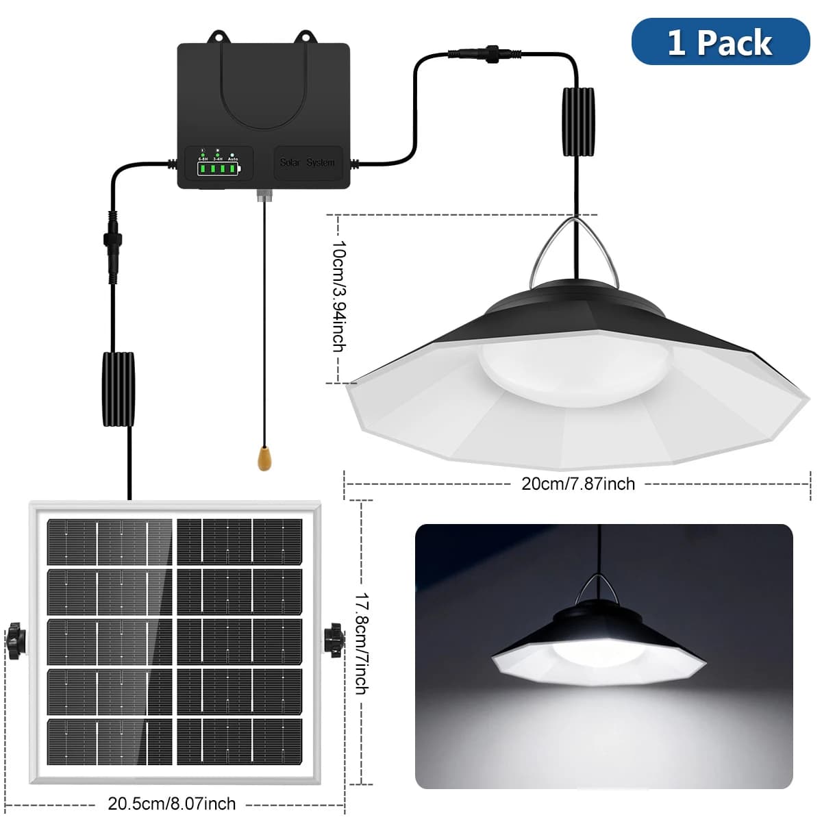 Lampe Solaire Suspendue Rétro avec Interrupteur à Cordon, Panneau Solaire Détachable, 3 Modes, Haute