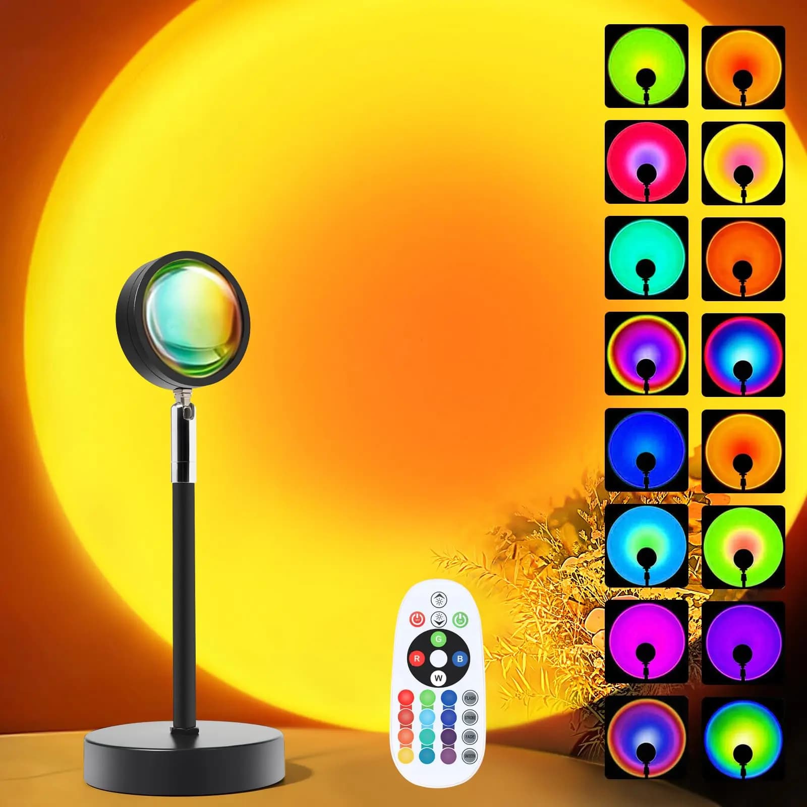 Projecteur de lampe de coucher de soleil, veilleuse LED multicolore changeante de 16 couleurs, fête 