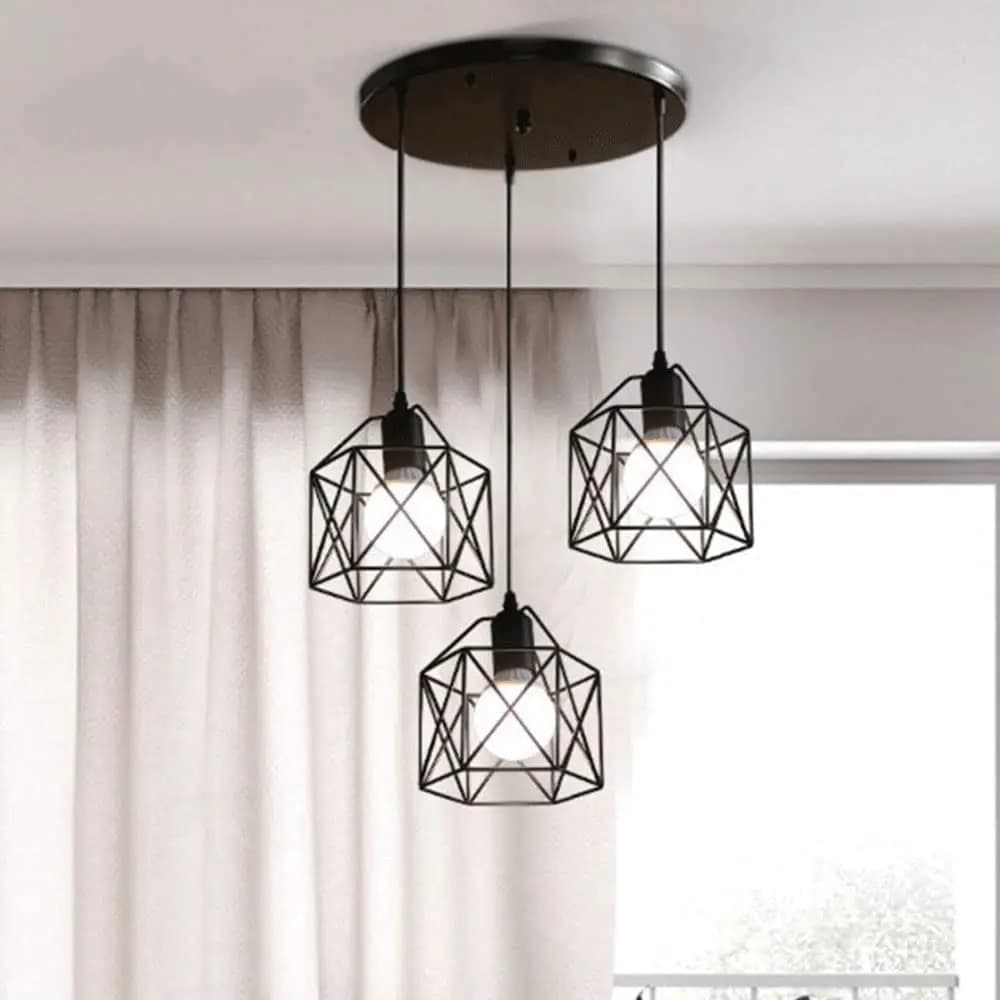 Lampe à suspension vintage à 3 têtes, lustre de plafond, abat-jour en métal E27 noir, adapté au salo