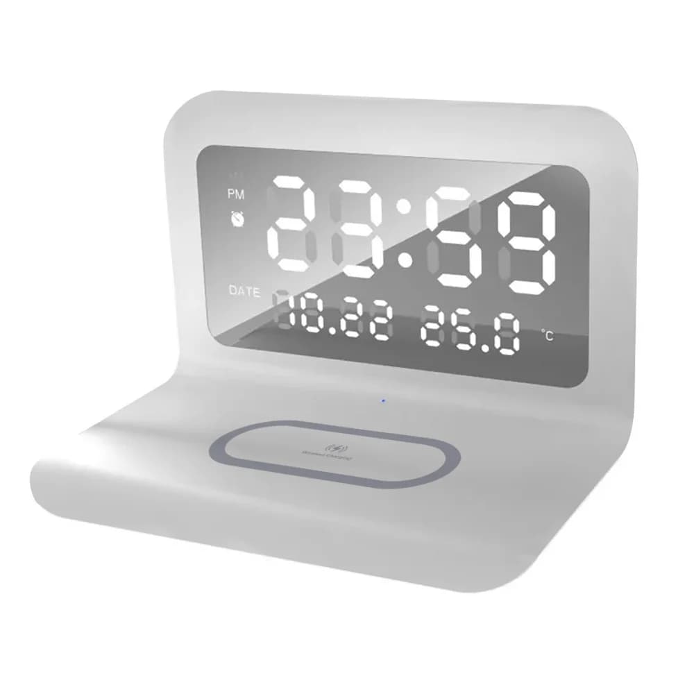 Réveil avec chargeur sans fil 15W, thermomètre numérique, 3 alarmes, commutateur 12/24H, universel p