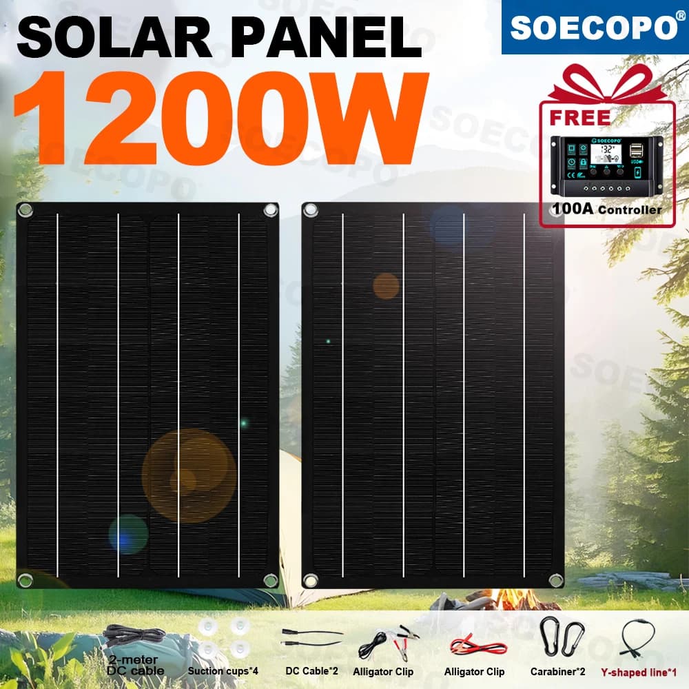 SOECOPO 1200W ensemble de panneaux solaires portables 2*600W (12V - 18V) panneaux solaires gratuit 1