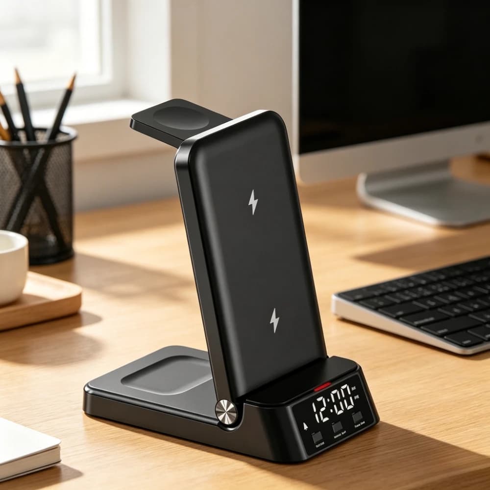 Station de charge rapide 4-en-1 pliable avec réveil et support pour téléphone, compatible iPhone 17~