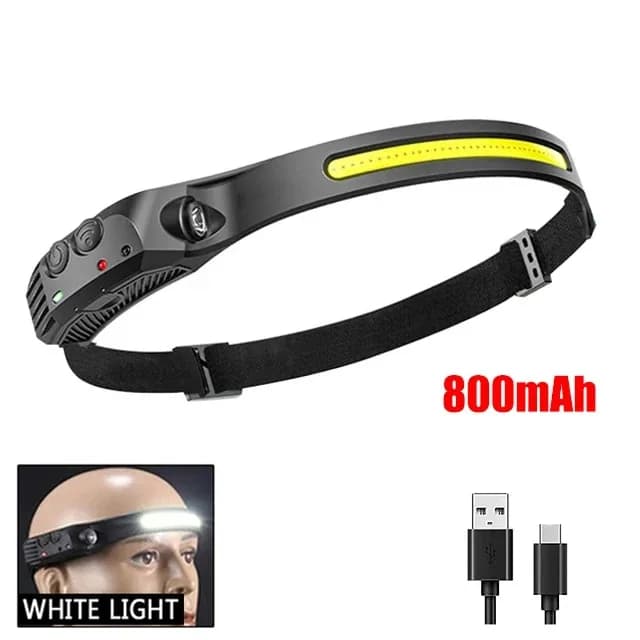Lampe frontale à induction LED COB rechargeable par USB, avec batterie intégrée de 1200mAh, lampe fr